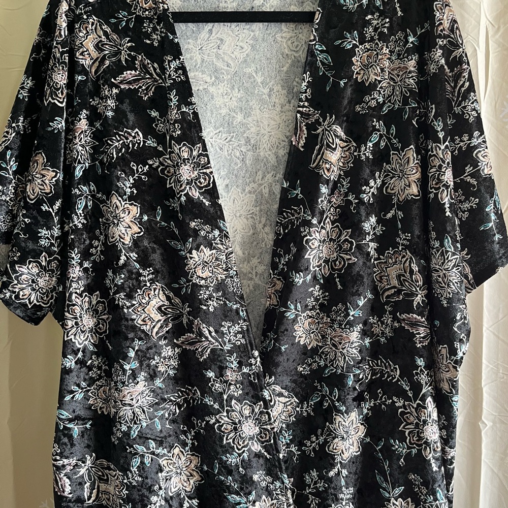 Torrid Black Floral Print Wrap Blouse with Relaxed Fit and Elbow Length Sleeves